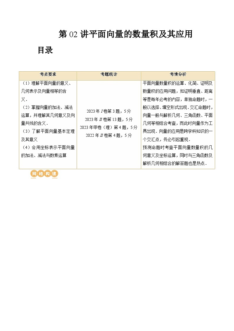 高考数学一轮复习讲练测(新教材新高考)第02讲平面向量的数量积及其应用(七大题型)(讲义)(原卷版+解析)01