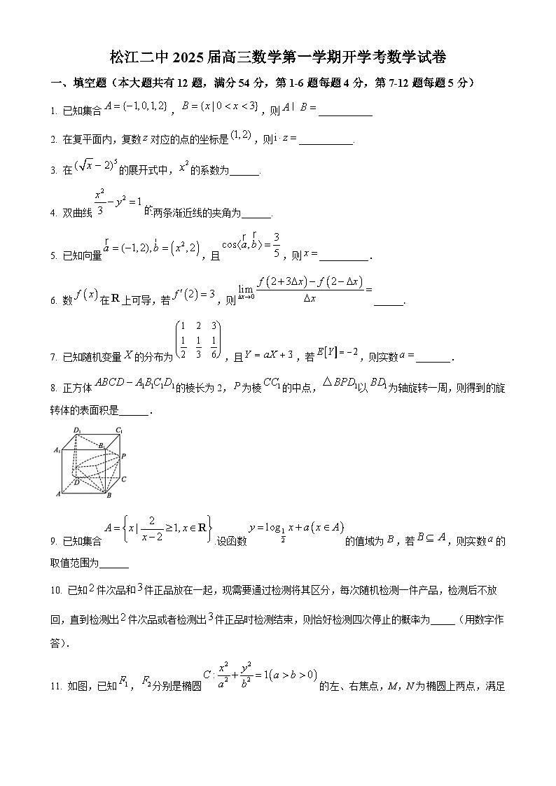 上海市松江二中2025屆高三上學(xué)期開學(xué)考試數(shù)學(xué)試卷（原卷版）第1頁