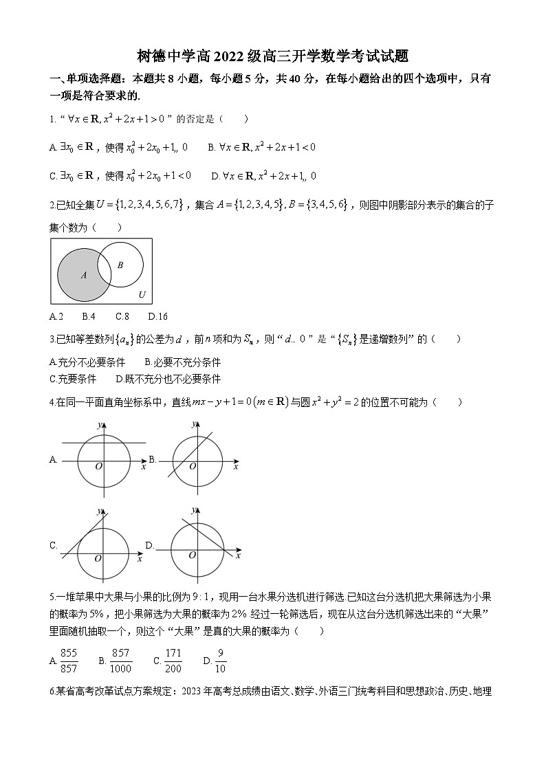 四川省成都市树德中学2024-2025学年高三上学期开学考试数学试题01