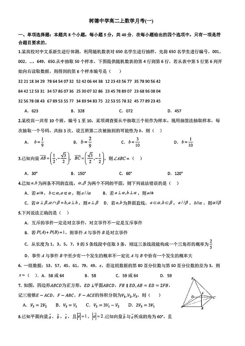 四川省成都市树德中学2024-2025学年高二上学期月考(一)数学试题01
