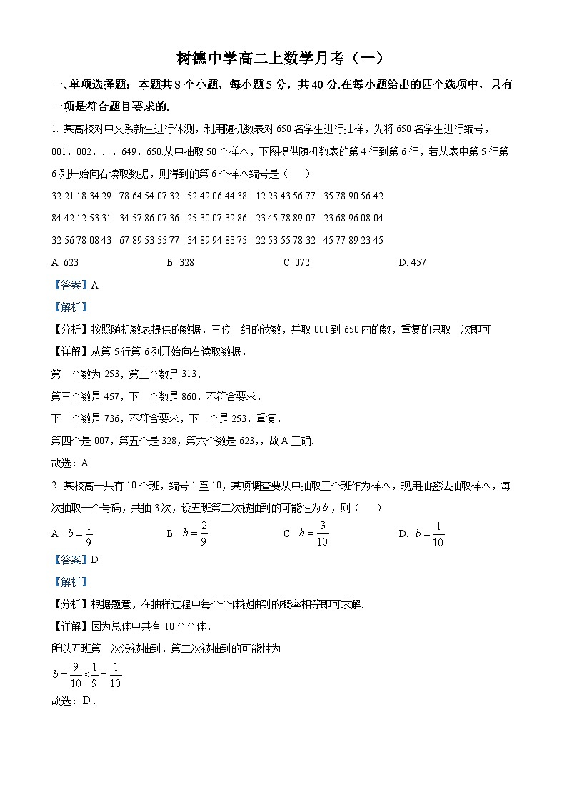 四川省成都市树德中学2024-2025学年高二上学期月考(一)数学试题(Word版附解析)01