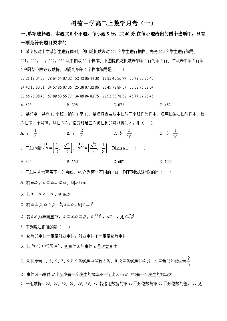 四川省成都市树德中学2024-2025学年高二上学期月考(一)数学试题(Word版附解析)01