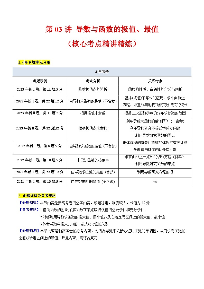高考数学一轮复习(新教材新高考)第03讲导数与函数的极值、最值专项练习(学生版+解析)01