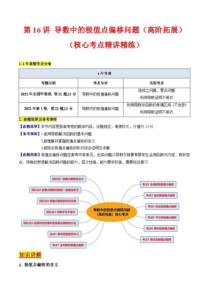 高考数学一轮复习(新教材新高考)第16讲导数中的极值点偏移问题(高阶拓展)专项练习(学生版+解析)第1页