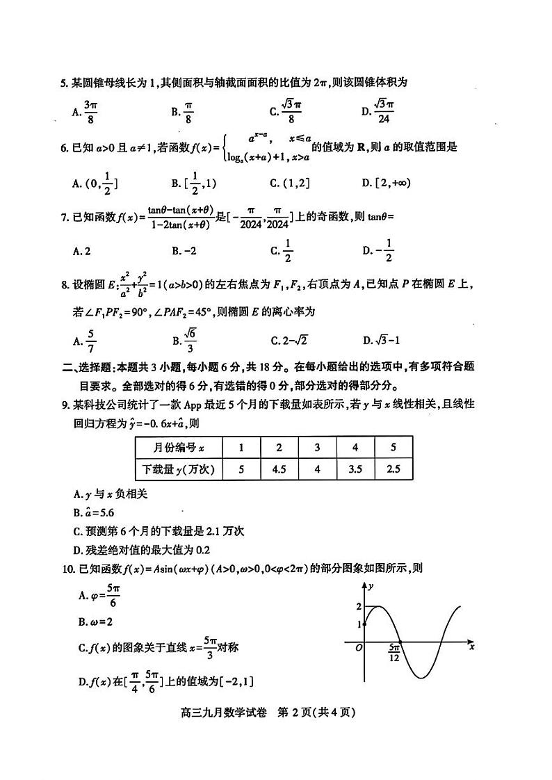 (数学试卷)2024-2025学年度武汉市部分学校高三年级九月调研考试 数学试卷第2页