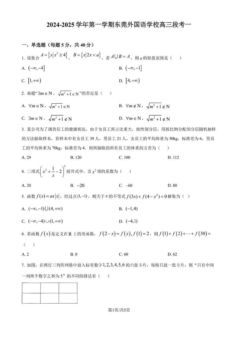 东莞外国语学校2024-2025学年高二上学期9月月考数学试题(原卷版)第1页