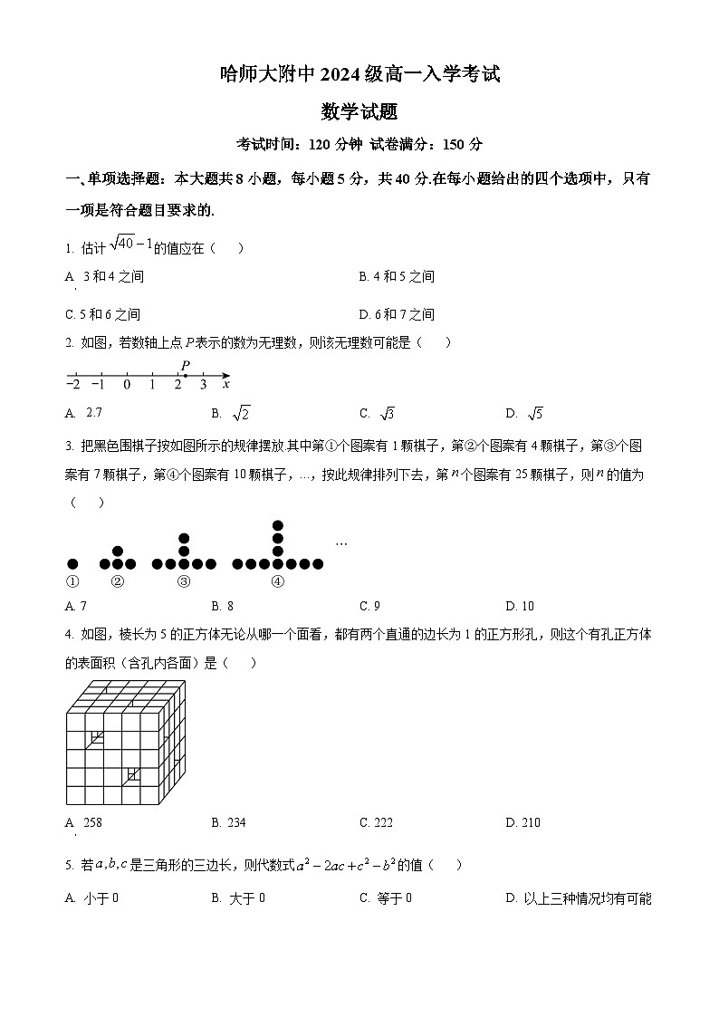 黑龙江省哈尔滨师范大学附属中学2024-2025学年高一上学期入学测试数学试卷(Word版附解析)01