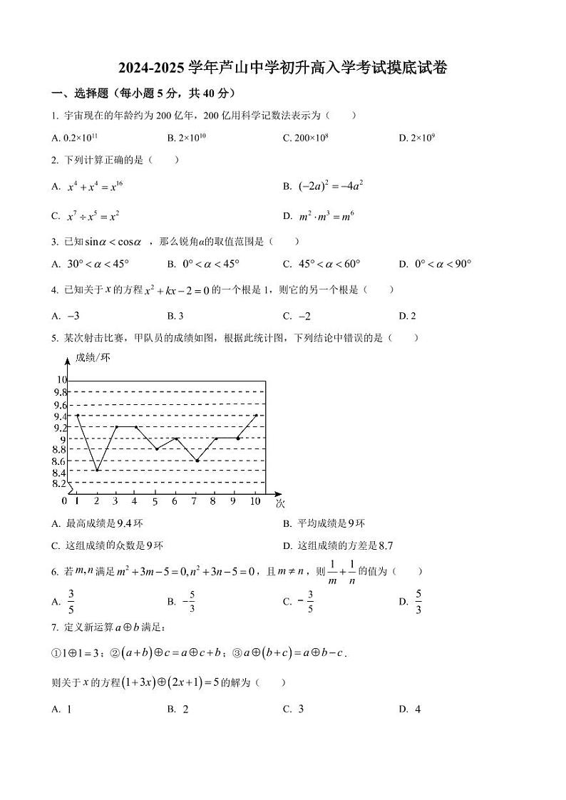 四川省芦山中学2024-2025学年初升高入学考试摸底数学试卷(原卷版+解析版)01