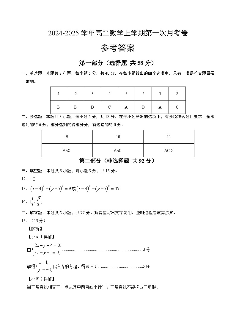 高二上學(xué)期數(shù)學(xué)第一次月考卷（參考答案）第1頁