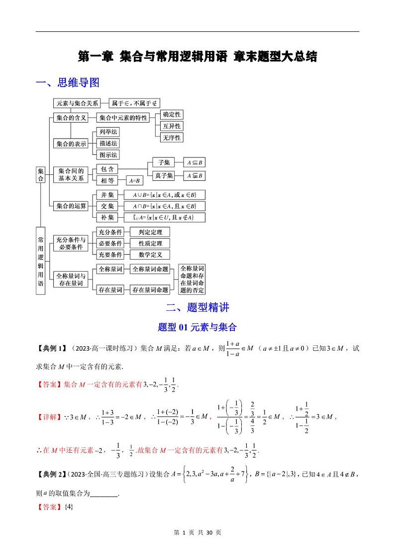 人教A版高中数学(必修第一册)同步讲义 第一章集合与常用逻辑用语章末题型总结及单元测试(教师版)第1页