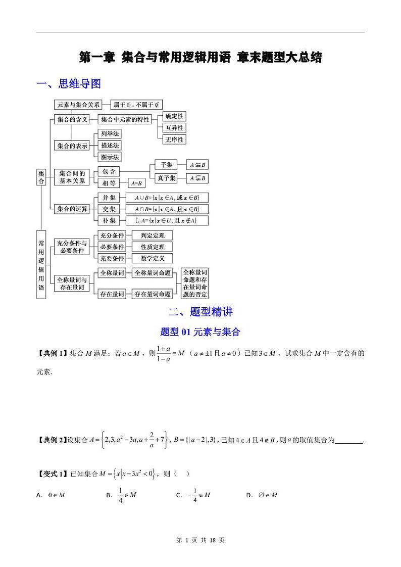 人教A版高中数学(必修第一册)同步讲义 第一章集合与常用逻辑用语章末题型总结及单元测试(原卷版)第1页