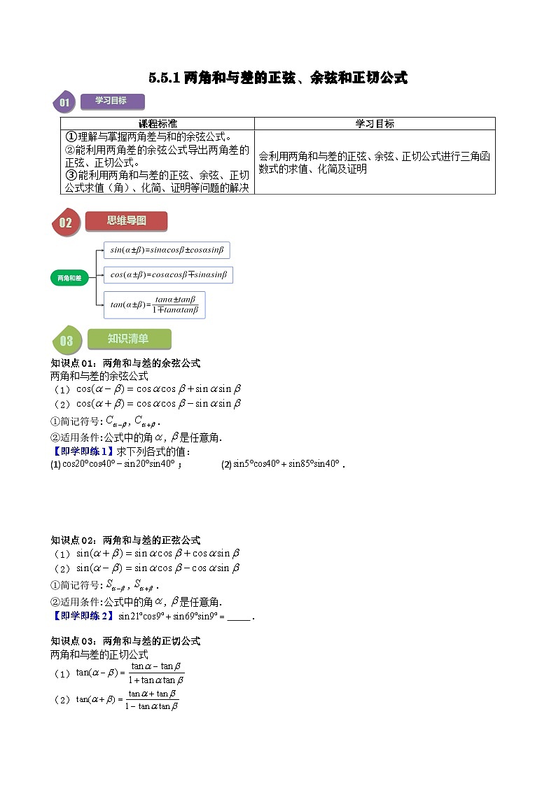 人教A版高中数学(必修第一册)同步讲义 5.5两角和与差的正弦、余弦和正切公式(原卷版)第1页