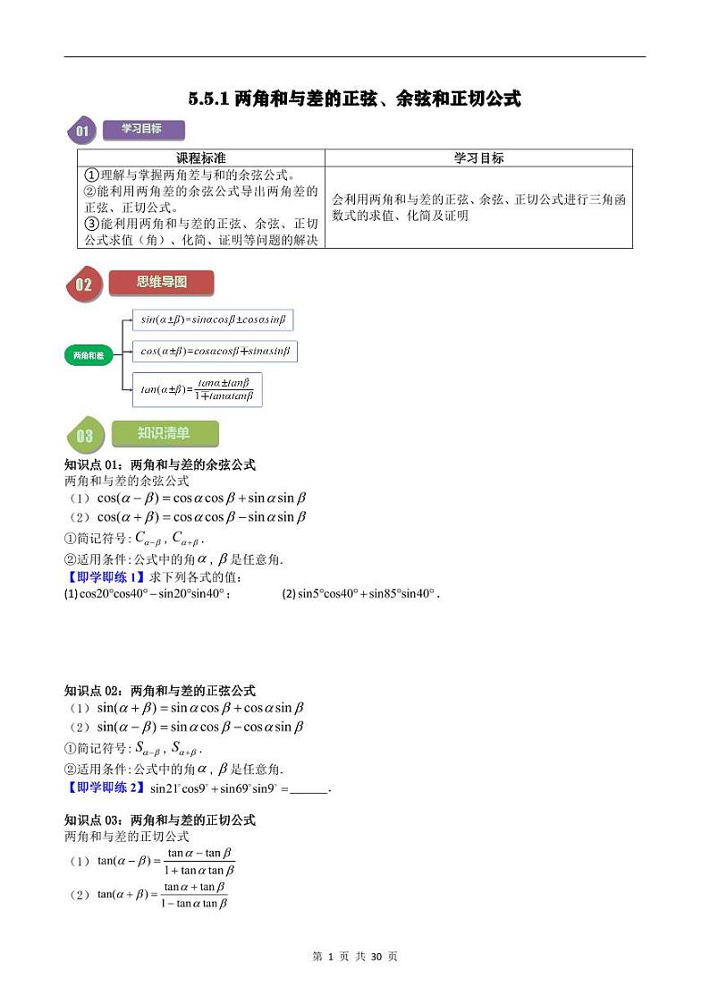 人教A版高中数学(必修第一册)同步讲义 5.5两角和与差的正弦、余弦和正切公式(原卷版)第1页