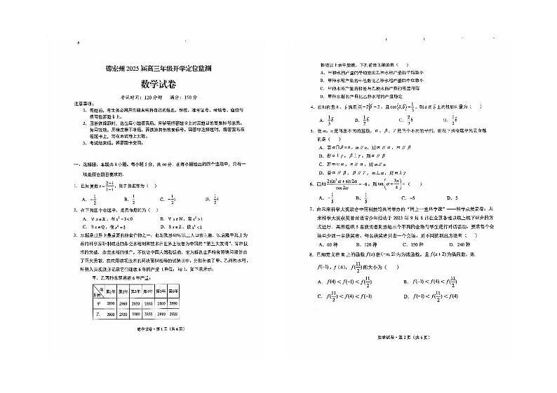 云南省德宏州2024-2025学年高三上学期开学定位监测数学试题第1页