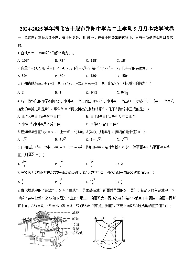 2024-2025学年湖北省十堰市郧阳中学高二上学期9月月考数学试卷(含解析)第1页