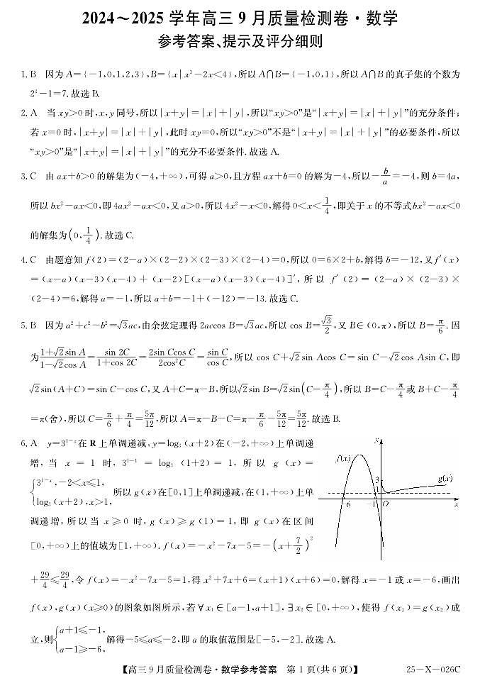 山西省三晋卓越联盟2025届高三上学期9月质量检测数学试题(扫描版附解析)01