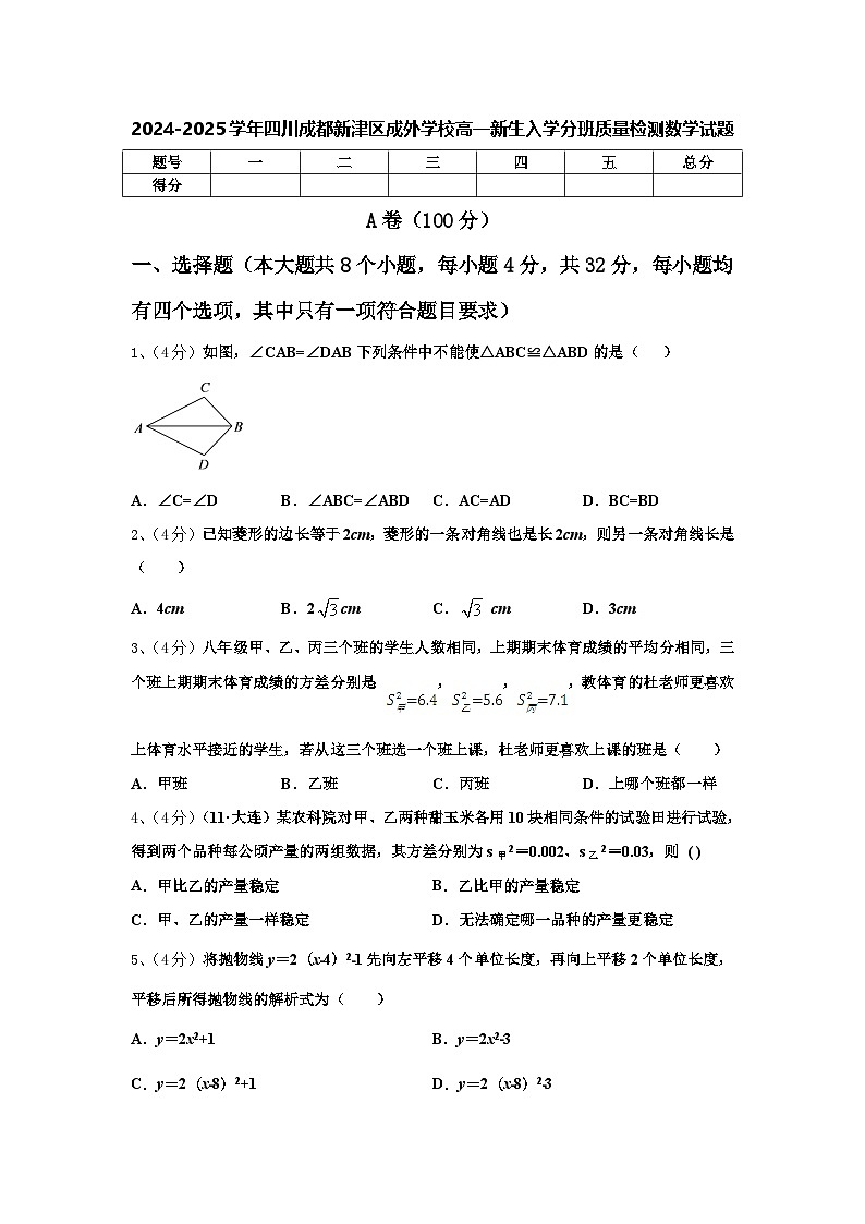 四川省成都市新津区成实外高级中学2024-2025学年高一上学期入学分班质量检测数学试题01