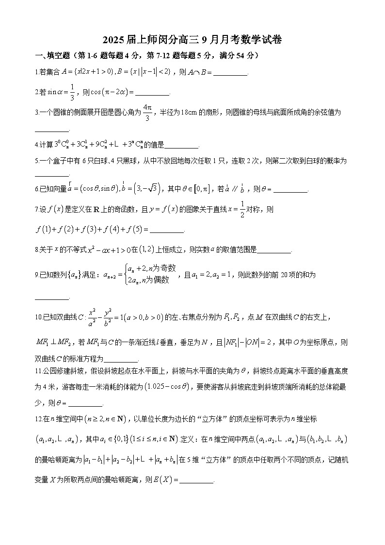 上海师范大学附属中学闵行分校2024-2025学年高三上学期9月月考数学试题第1页