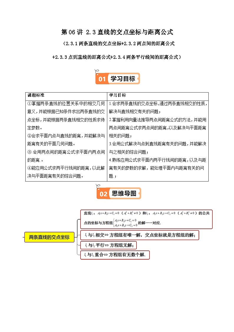 (人教A版选择性必修一册)高中数学精品讲义第2章第06讲2.3直线的交点坐标与距离公式(学生版+解析)第1页