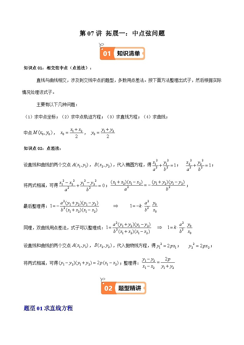 (人教A版选择性必修一册)高中数学精品讲义第3章第07讲拓展一:中点弦问题(5类热点题型讲练)(学生版+解析)第1页