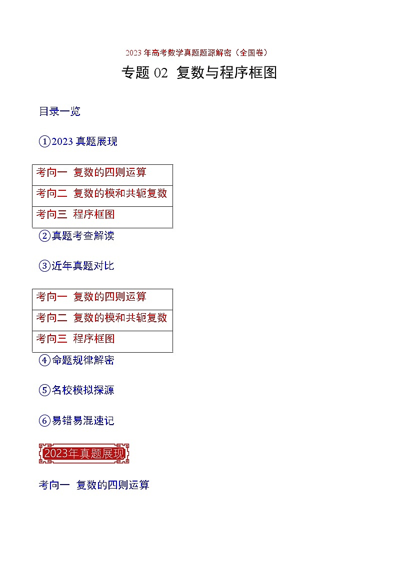 2023年高考数学真题题源解密(全国卷)专题02复数与程序框图-特训(学生版+解析)第1页