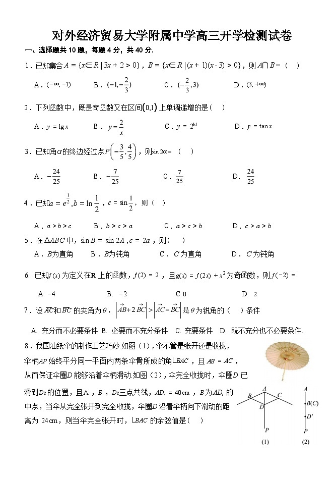 北京市朝阳区对外经济贸易大学附属中学2024-2025学年高三上学期开学检测数学模拟试卷第1页
