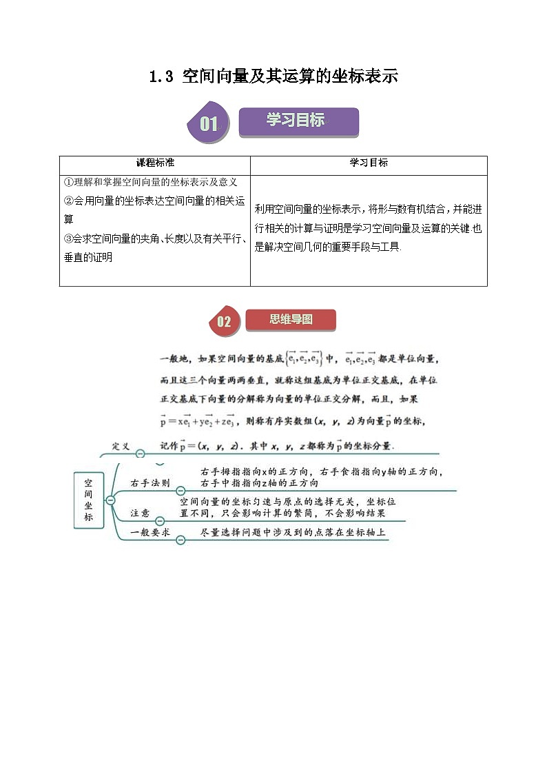 人教A版高中数学(选择性必修第一册)同步讲义+题型讲解第03讲 1.3 空间向量及其运算的坐标表示(原卷版+教师版)01