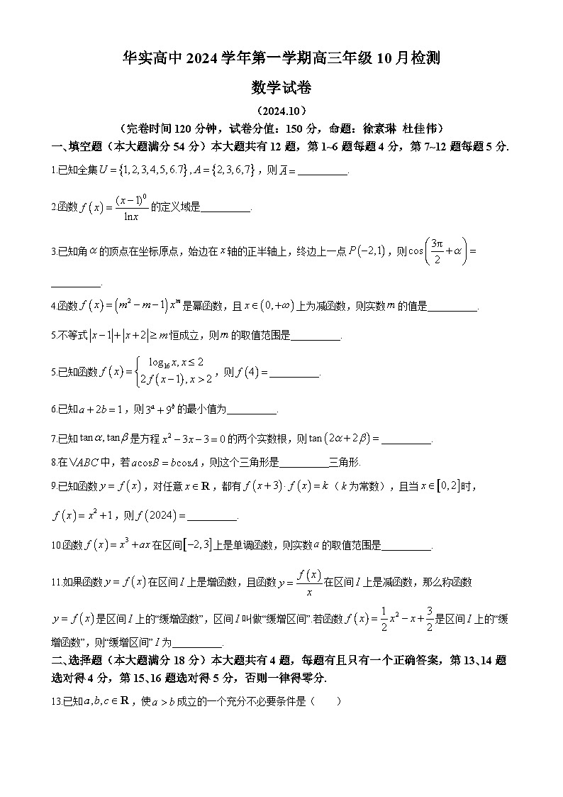 上海市华东师范大学松江实验高级中学2024-2025学年高三上学期10月检测数学试题(无答案)01