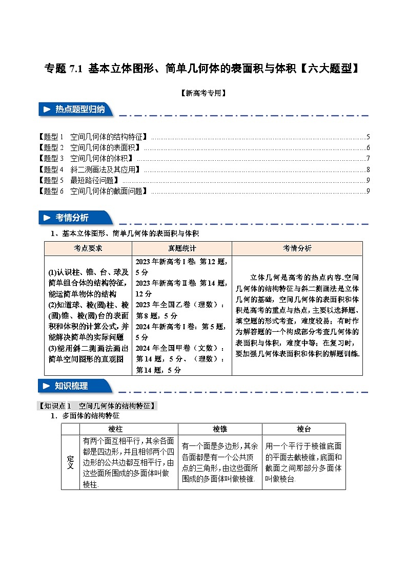 专题7.1 基本立体图形、简单几何体的表面积与体积(举一反三)(新高考专用)(含答案) 2025年高考数学一轮复习专练(新高考专用)01