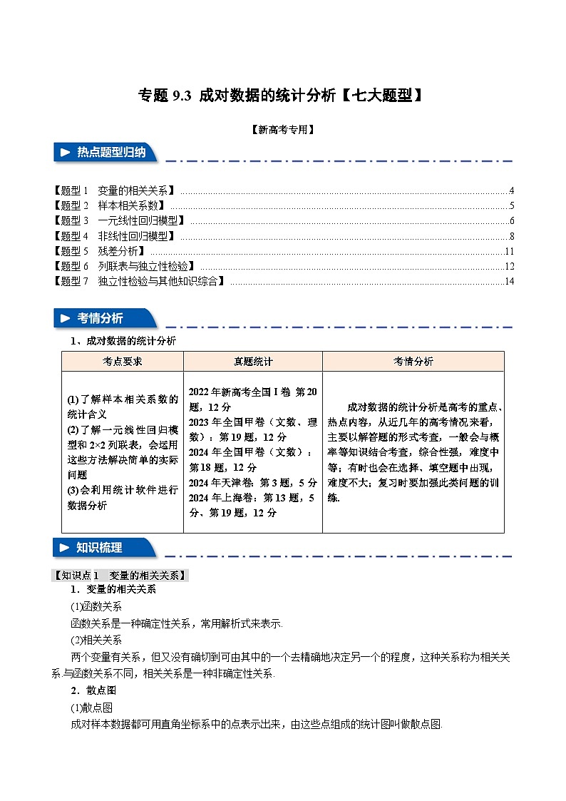 专题9.3 成对数据的统计分析(举一反三)(新高考专用)(学生版) 2025年高考数学一轮复习专练(新高考专用)第1页