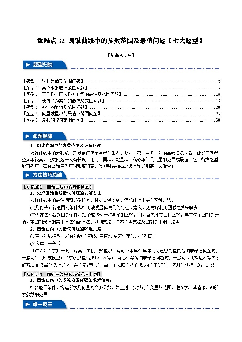 重难点32 圆锥曲线中的参数范围及最值问题(举一反三)(新高考专用)(教师版) 2025年高考数学一轮复习专练(新高考专用)第1页