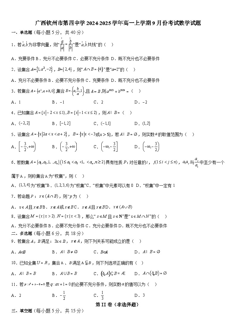 广西钦州市第四中学2024-2025学年高一上学期9月考试数学试题第1页