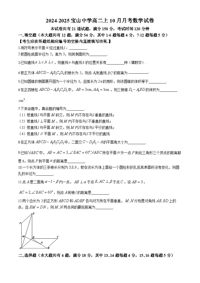 上海市宝山中学2024-2025学年高二上学期10月月考数学试卷(无答案)01