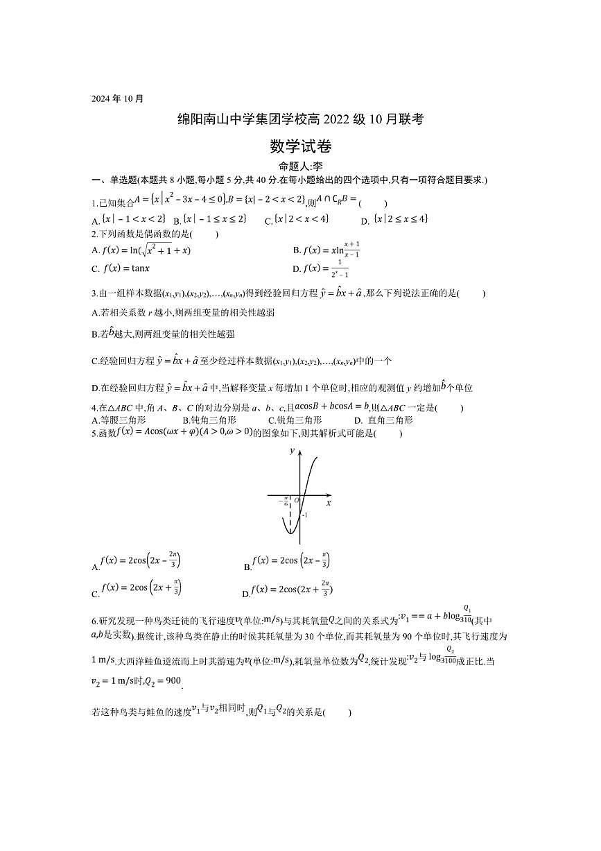 [數(shù)學(xué)]四川省綿陽市南山中學(xué)集團(tuán)學(xué)校2024～2025學(xué)年高三上學(xué)期10月聯(lián)考試題(有答案)第1頁