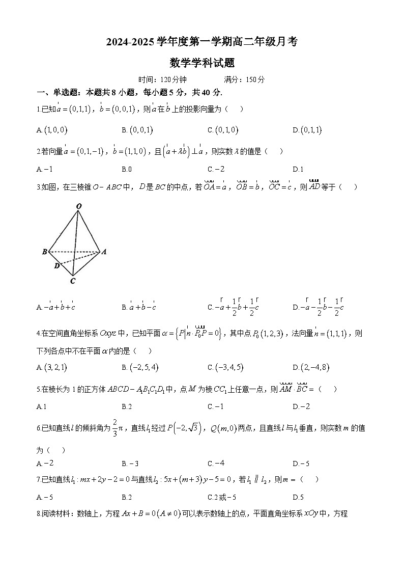 广东省东莞市第八高级中学2024-2025学年高二上学期月考数学试卷(无答案)01