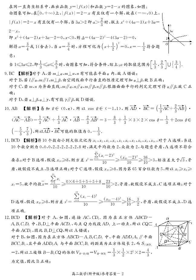 2021-2022湖南师大附中高二第一学期入学考试数学参考答案第2页