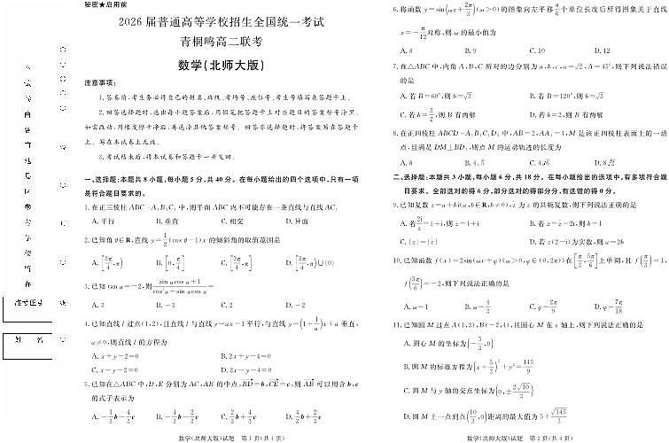 2024-2025河南青铜鸣高二上学期10月联考数学北师大版试卷及答案第1页