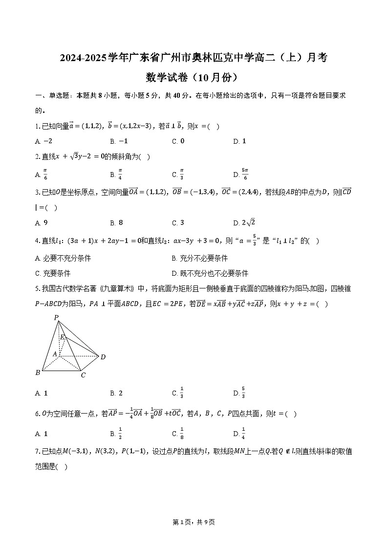 2024-2025学年广东省广州市奥林匹克中学高二(上)月考数学试卷(10月份)(含答案)第1页