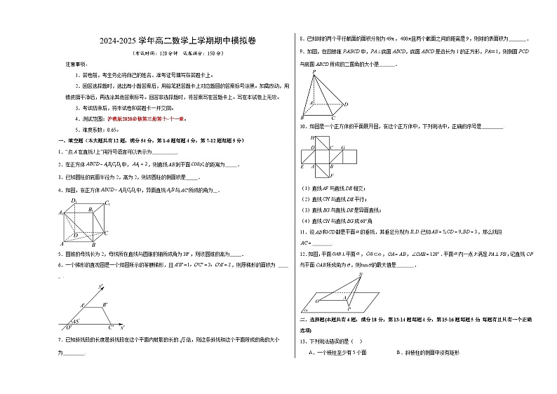 高二数学期中模拟卷(考试版A3)【测试范围:沪教版2020必修第三册第十~十一章】(上海专用)第1页