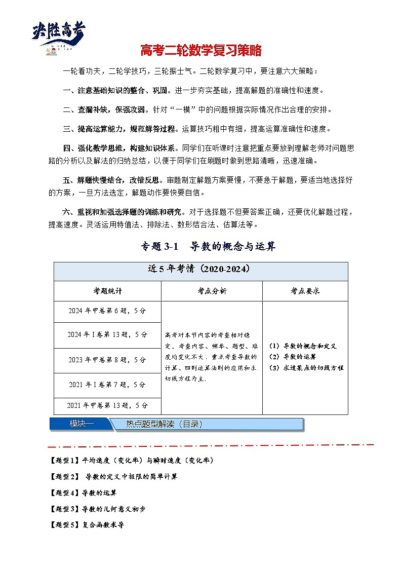 热点专题 3.1 导数的概念与运算(讲与练)-2025年高考数学二轮热点题型专题突破(新高考专用)01