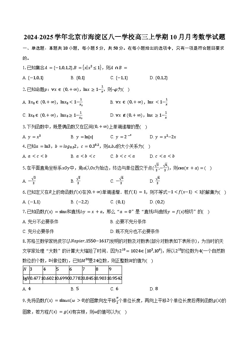 2024-2025学年北京市海淀区八一学校高三上学期10月月考数学试题(含答案)第1页