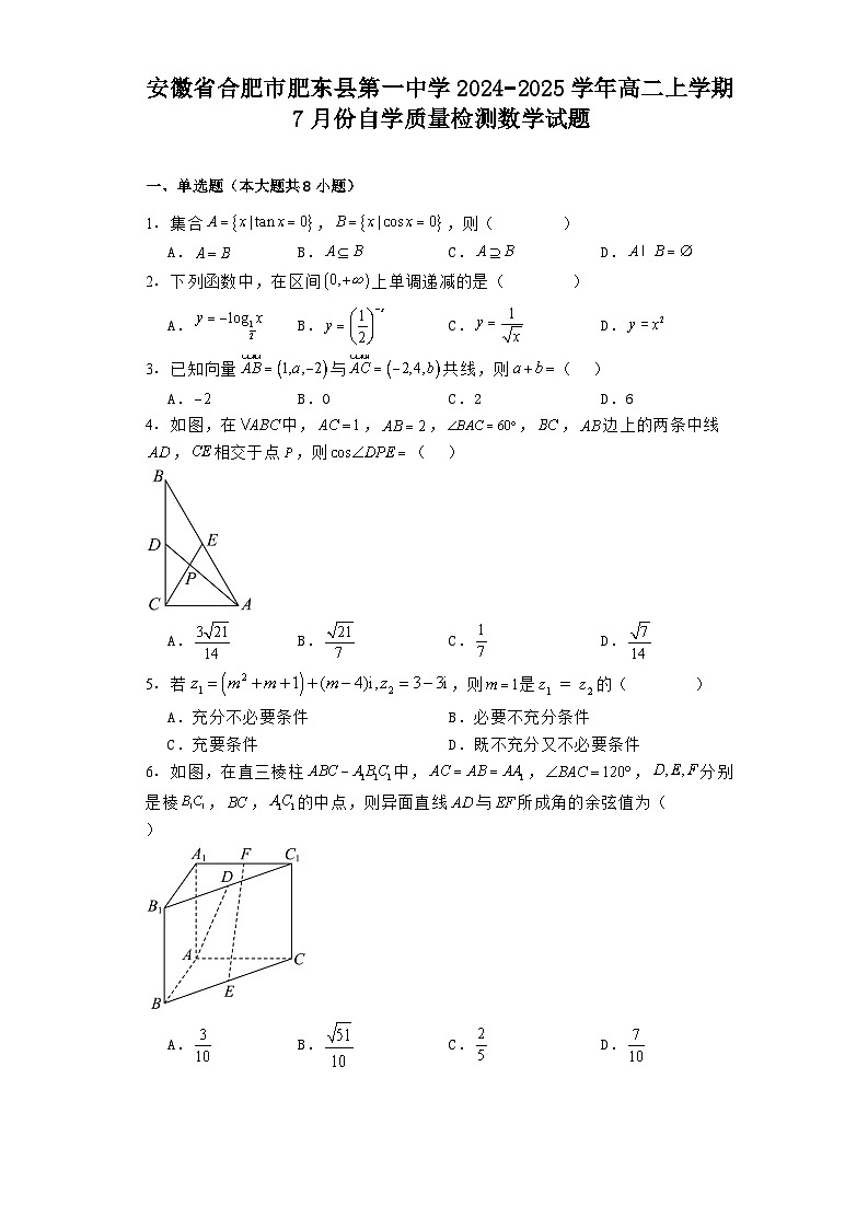 安徽省合肥市肥东县第一中学2024−2025学年高二上学期7月份自学质量检测 数学试题(含解析)第1页