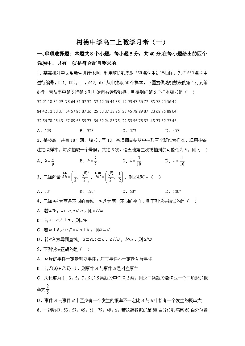 四川省成都市树德中学2024-2025学年高二上学期月考(一) 数学试题(含解析)第1页