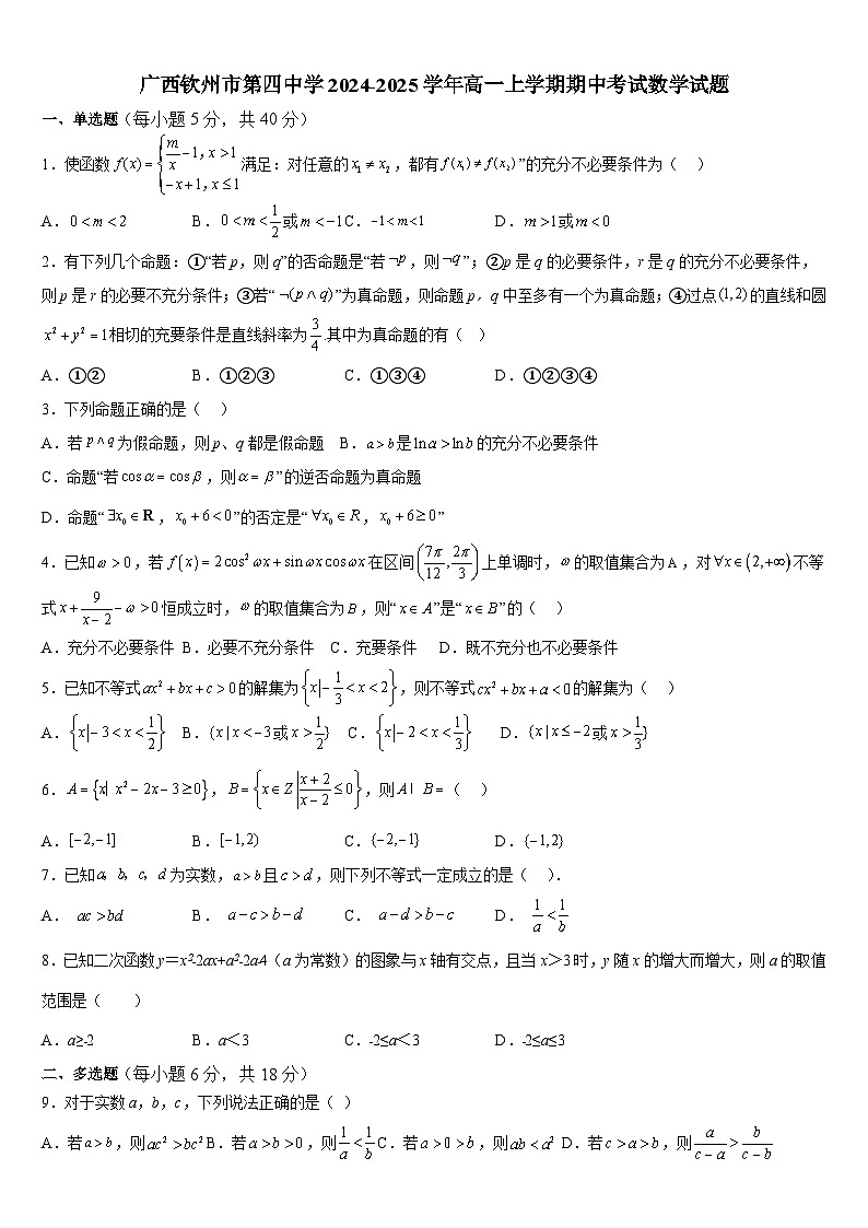 广西钦州市第四中学2024-2025学年高一上学期期中考试数学试题01