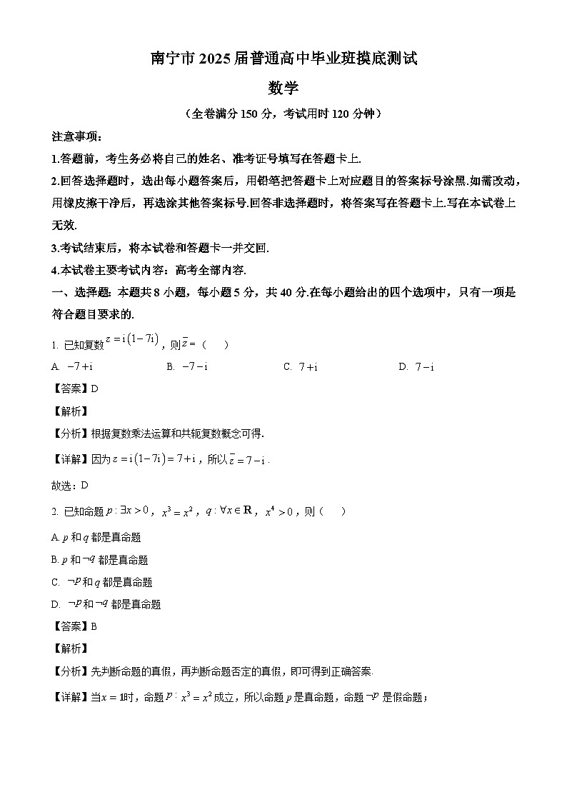 广西南宁市2024-2025学年高三上学期10月普通高中毕业班摸底测试 数学试题(含解析)01