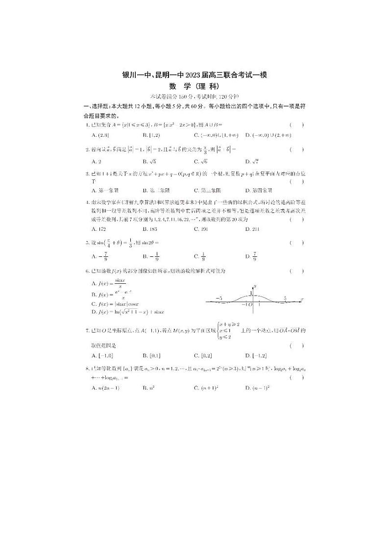 宁夏银川一中、云南省昆明市第一中学2023届高三联合考试一模理科数学试题缺答案第1页