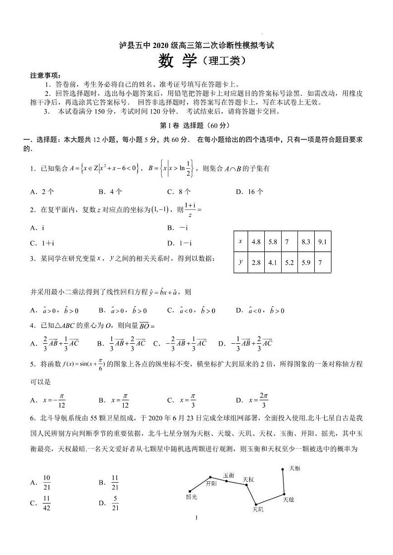 2023届四川省泸州市泸县第五中学二诊模拟考试理数附答案01