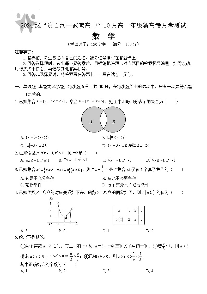 广西壮族自治区贵百河-武鸣高中2024-2025学年高一上学期10月月考数学试题(Word版附解析)第1页