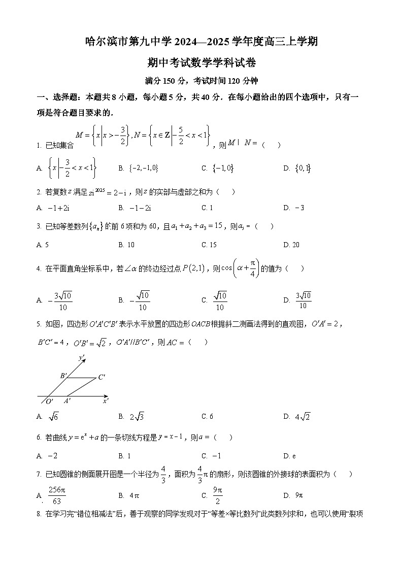 黑龙江省哈尔滨市第九中学2024-2025学年高三上学期期中考试数学试题(Word版附答案)01
