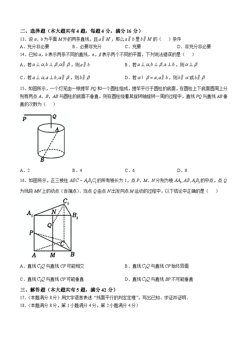 上海市位育中学2024-2025学年高二上学期10月期中数学试卷(无答案)02